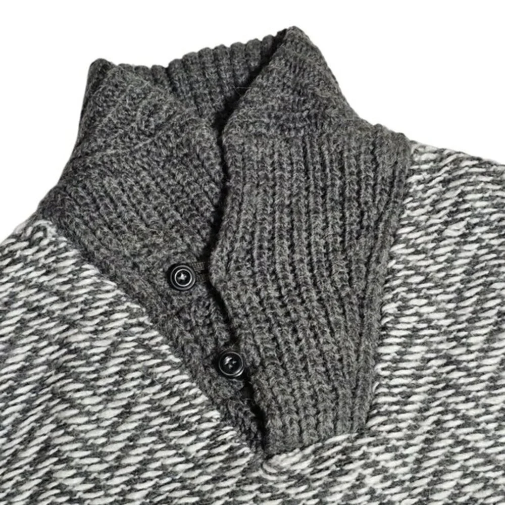 Relwen Sweater Mens Medium‎ Shawl Neck Herringbone Gray White Wool Knit
